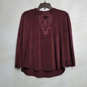 Sweet Rain Womens Burgundy Blouse Top Long Sleeve Lace Keyhole Dark Academia MED